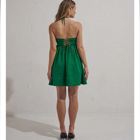 mon renn willow green lace up back halter neck fit & flare mini summer dress NEW - Picture 3 of 9